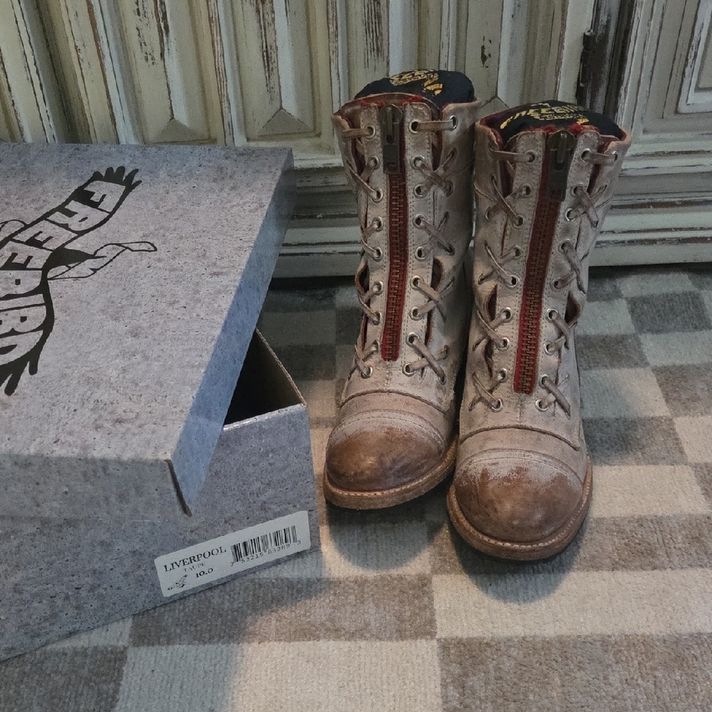 Gray Leather Boots with Red Accents